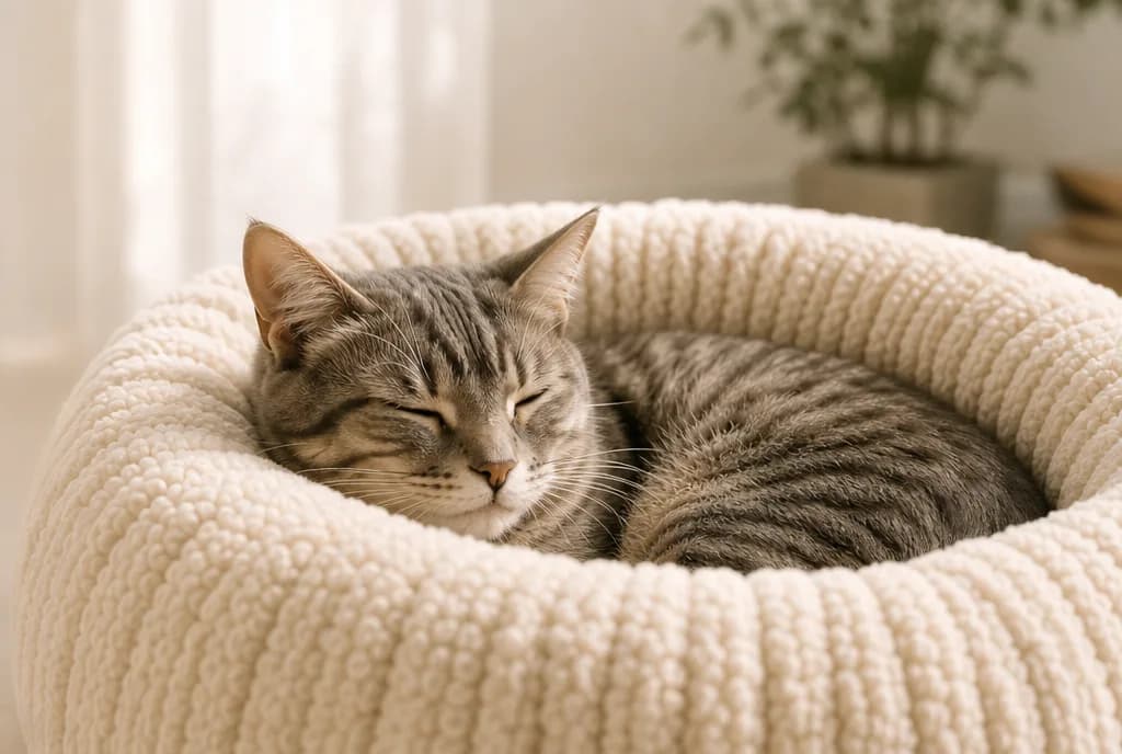 Close-up of a cat sleeping deeply in the Mewzen Cloud™ bed