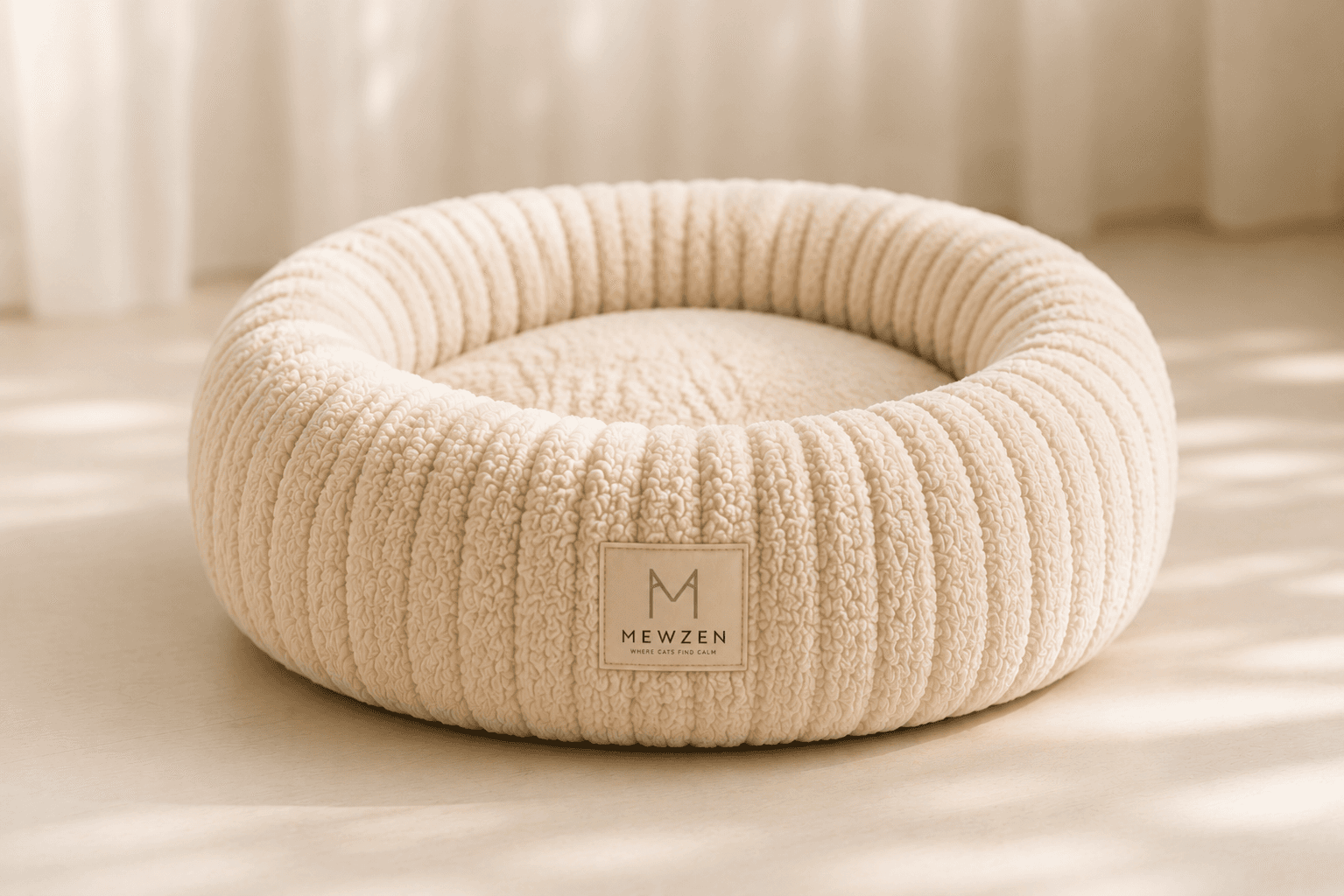 Mewzen Cloud™ donut bed in ivory sherpa, natural light