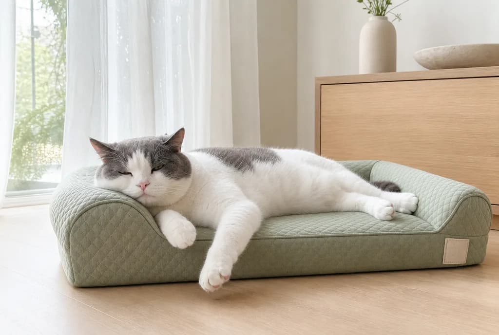 Mewzen Cool™ — sage cooling bed with a relaxed cat