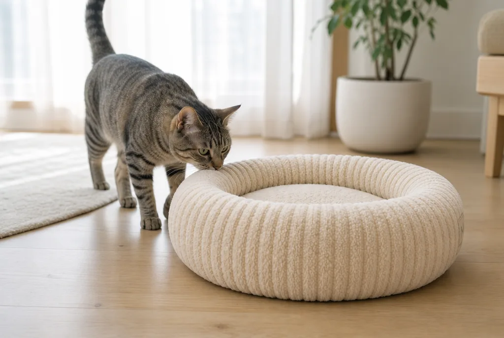A curious cat approaching the Mewzen Cloud™ in a bright living room