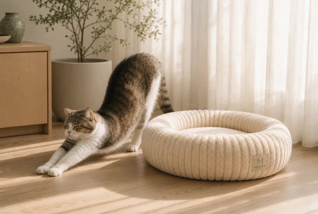 A cat stretching beside the Mewzen Cloud™ in morning light
