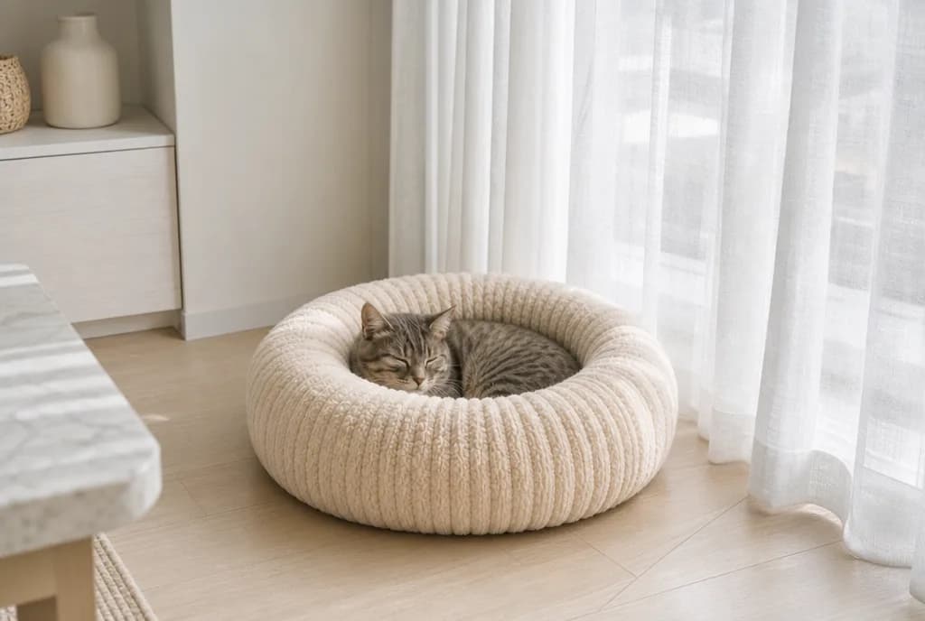 A cat asleep in the Mewzen Cloud™ beside a bright window